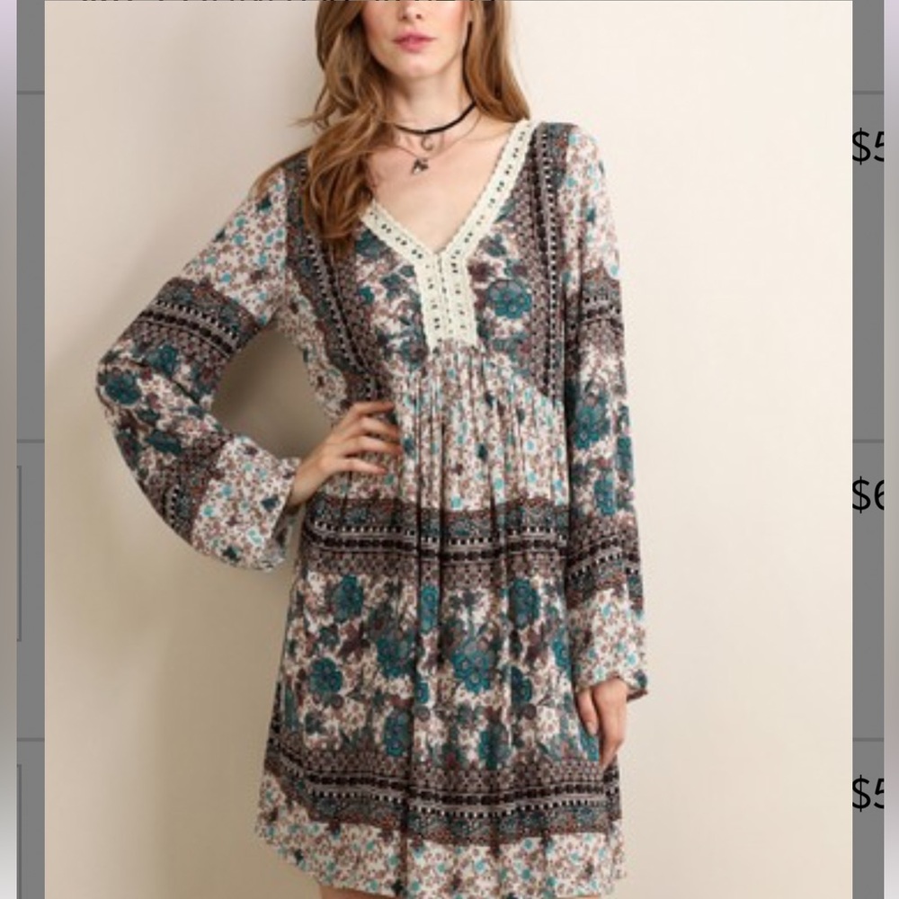 Size large Soieblu teal/taupe floral empire waist tunic/peasant dress